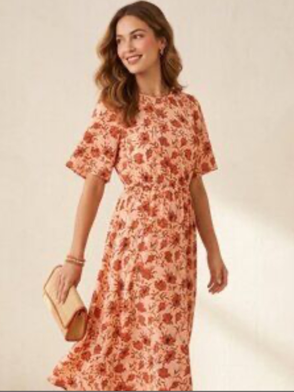 Halogen Pink Floral Midi Dress XS Puff Sleeve Elastic Waist Dress